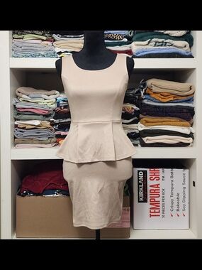 mandee Beige Peplum Mini Dress